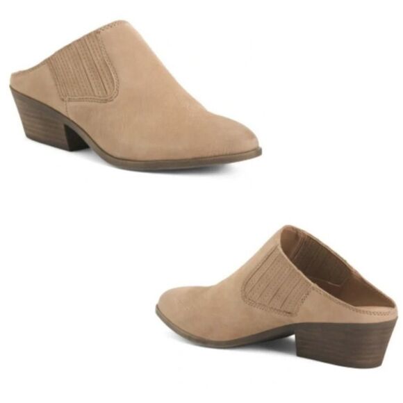 Frye Shoes - Frye Rowen Gore Suede Leather Mule Slip Stacked Heel‎ On 6.5 Beige